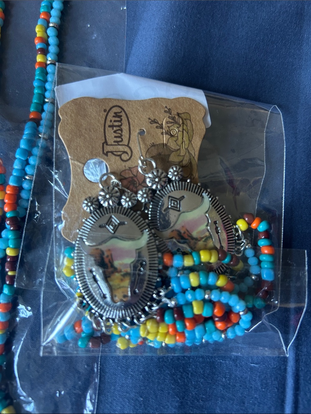 Justin Boots Turquoise Multi-Color Beaded Fringe Necklace and Earrings Set - Picture 3 of 3